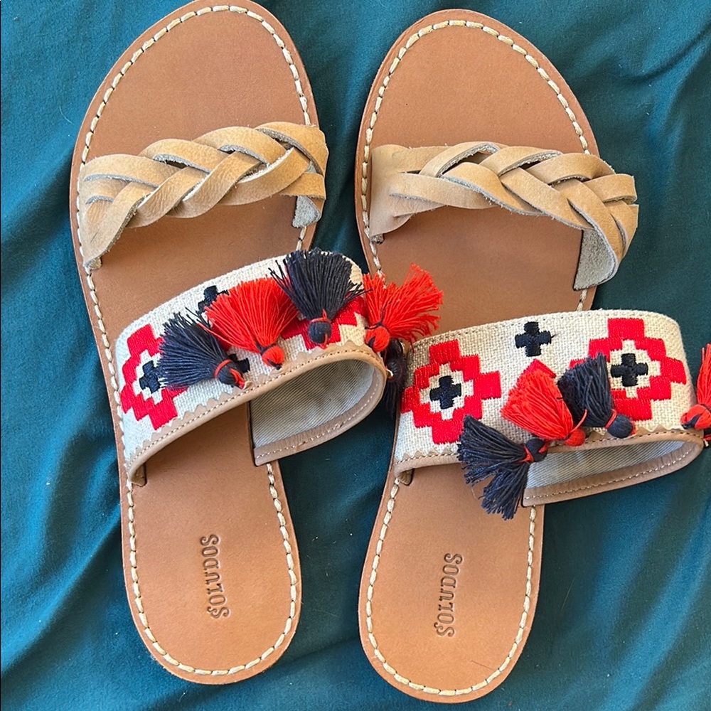 Soludos Women's Tan and Red Embroidered Sandals